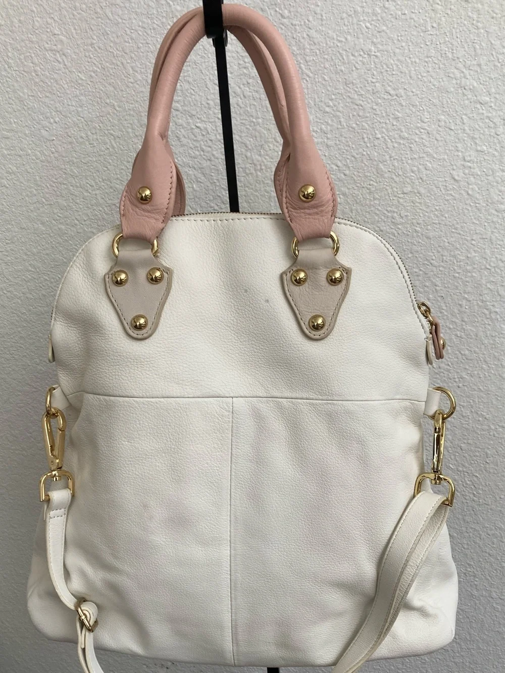 Emma Fox colorblock leather convertible foldover tote satchel in cream/pink